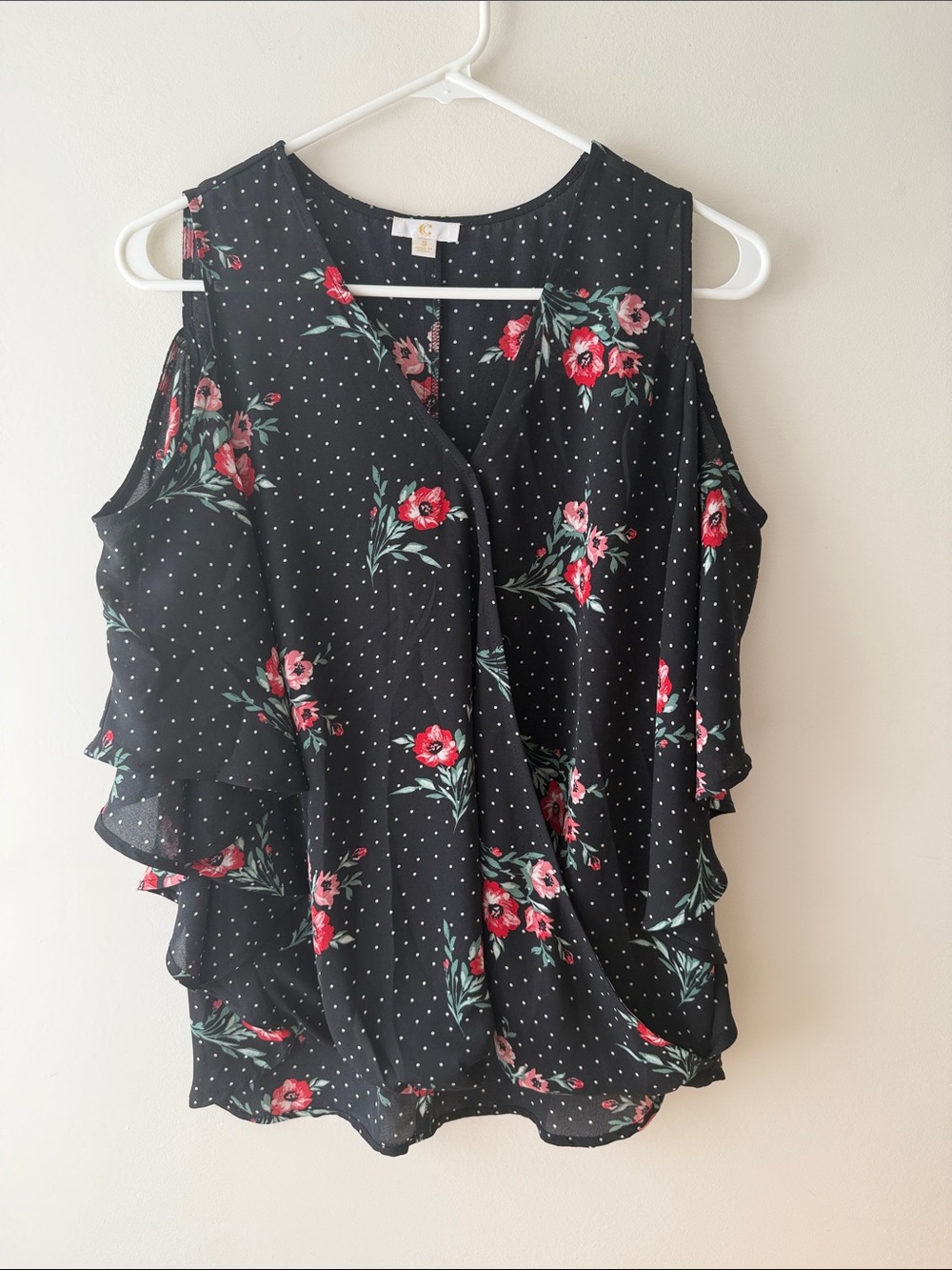 C Black Cold-Shoulder Floral Wrap Blouse with Red Flowers